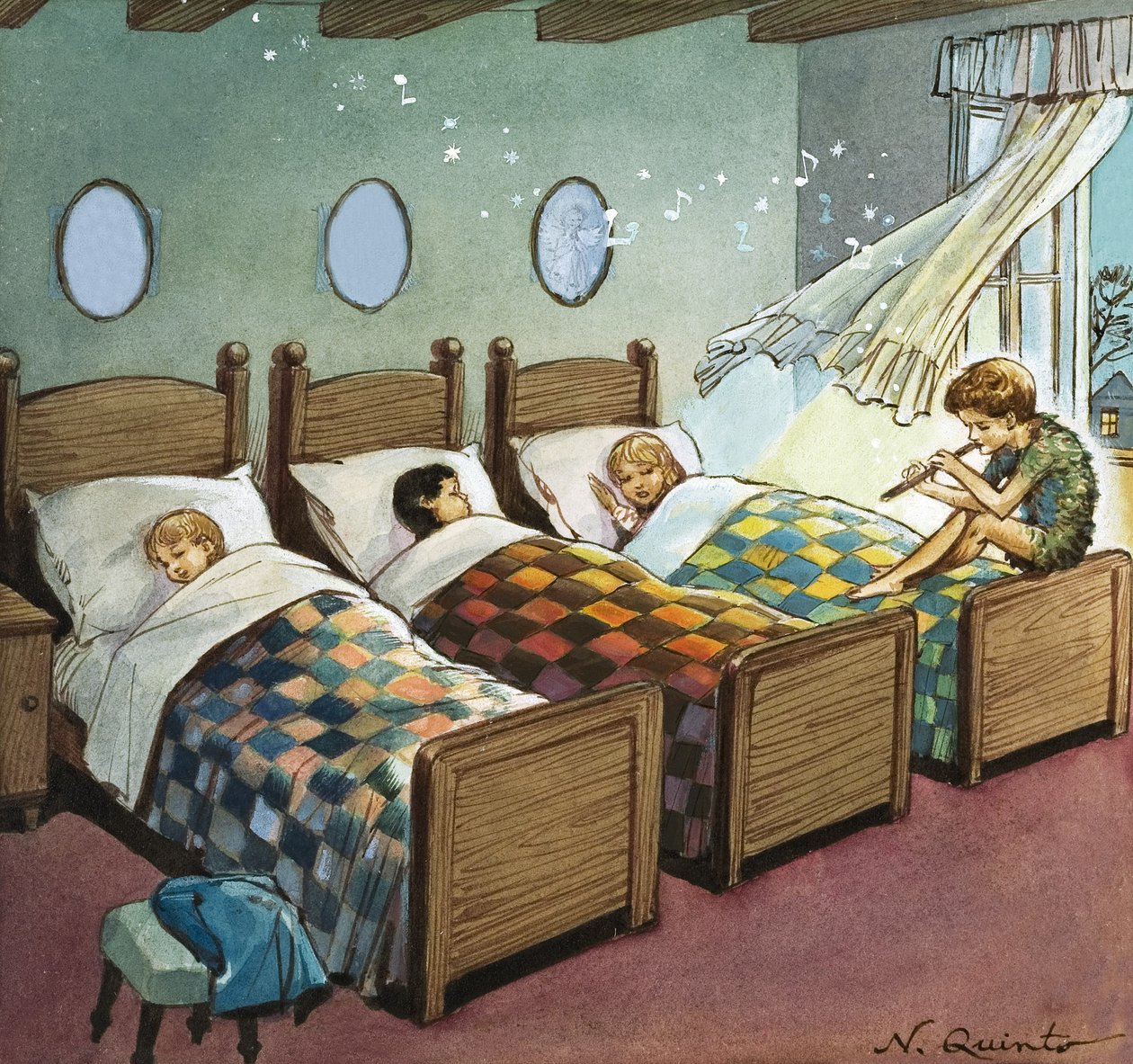 Wendy, Michael et John endormis, illustration de "Peter Pan" de J.M. Barrie (gouache sur papier) - Nadir Quinto