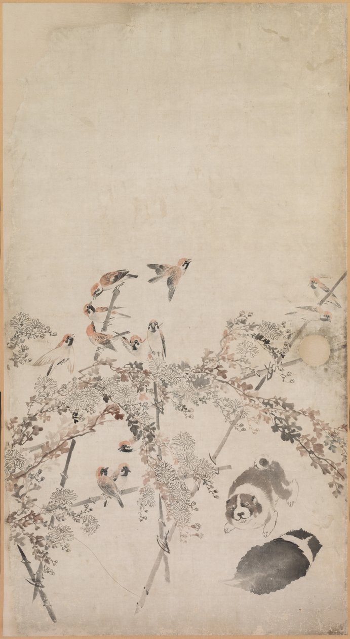 Chiots, Moineaux et Chrysanthèmes - Nagasawa Rosetsu