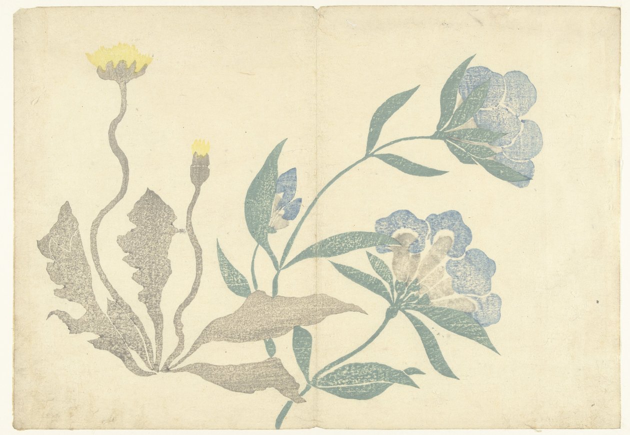 Pissenlits et fleurs bleues - Nakamura Hochu