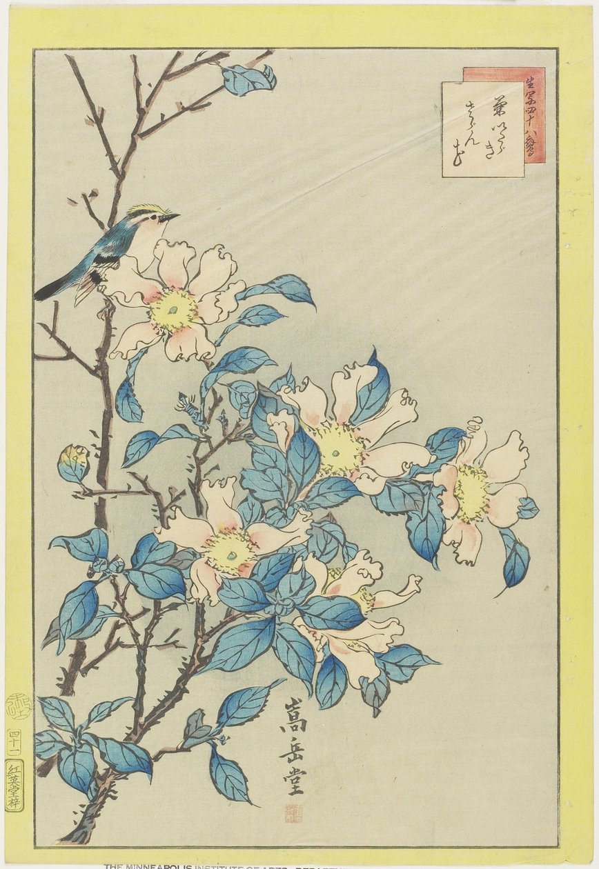Oiseau bleu et fleurs roses - Nakayama Sugakudo
