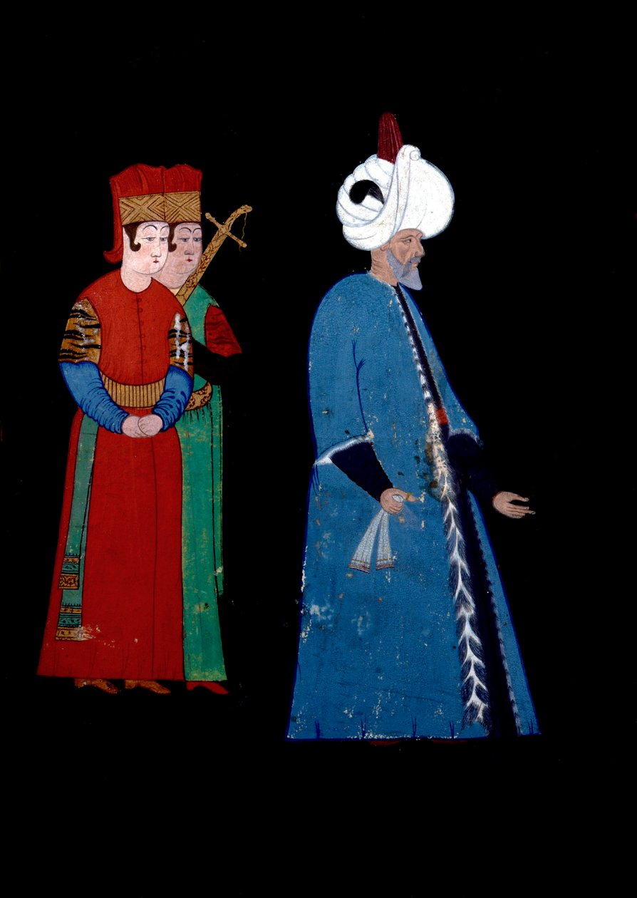 Portrait du sultan ottoman Soliman le Magnifique (1494-1566), accompagné de deux gardes armés - Nakkep called Nigari Reis Haydar