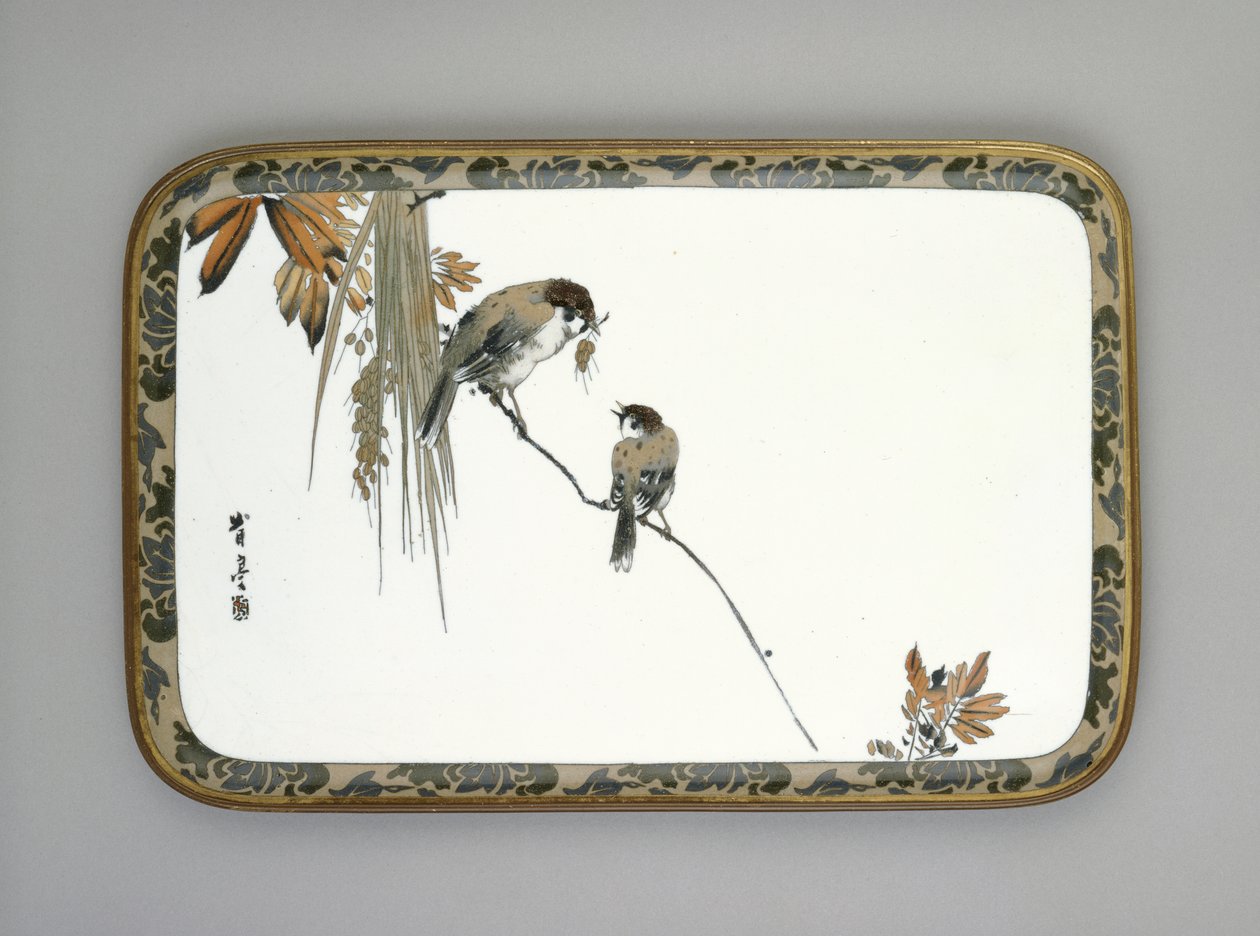Plateau avec deux moineaux sur une branche, c.1880 - Namikawa Sosuke