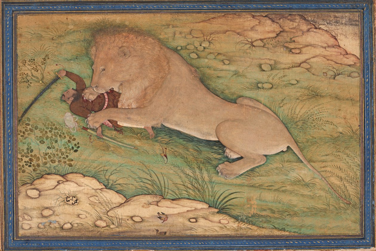 Les périls de la chasse, un lion bondit sur un chasseur, vers 1615 - Nanha