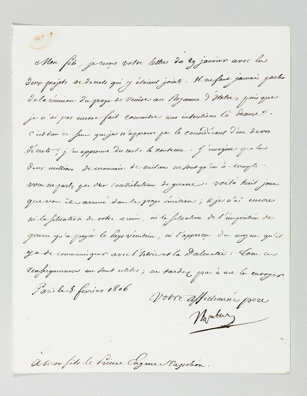 Lettre signée de Napoléon à son beau-fils, le prince Eugène de Beauharnais - Napoleon Bonaparte