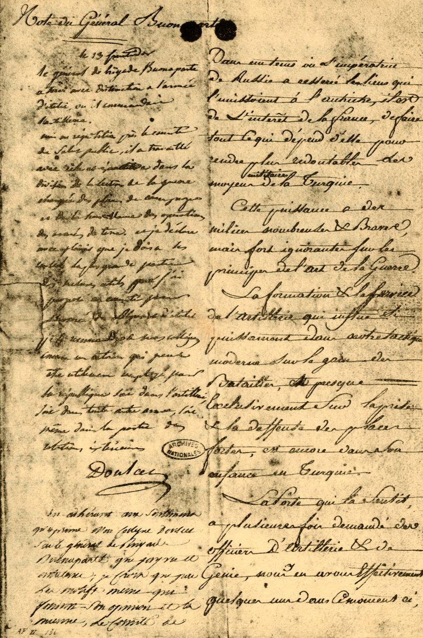 Note du général Bonaparte, 13 septembre 1795 - Napoleon Bonaparte I
