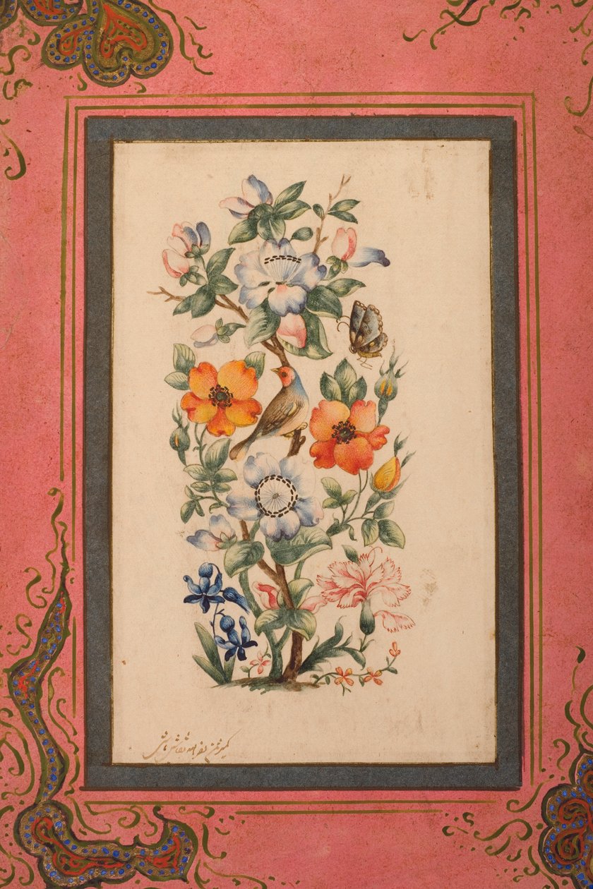 Une tige de fleurs avec un oiseau et un papillon - Nasr Allah al Husayni al Imami