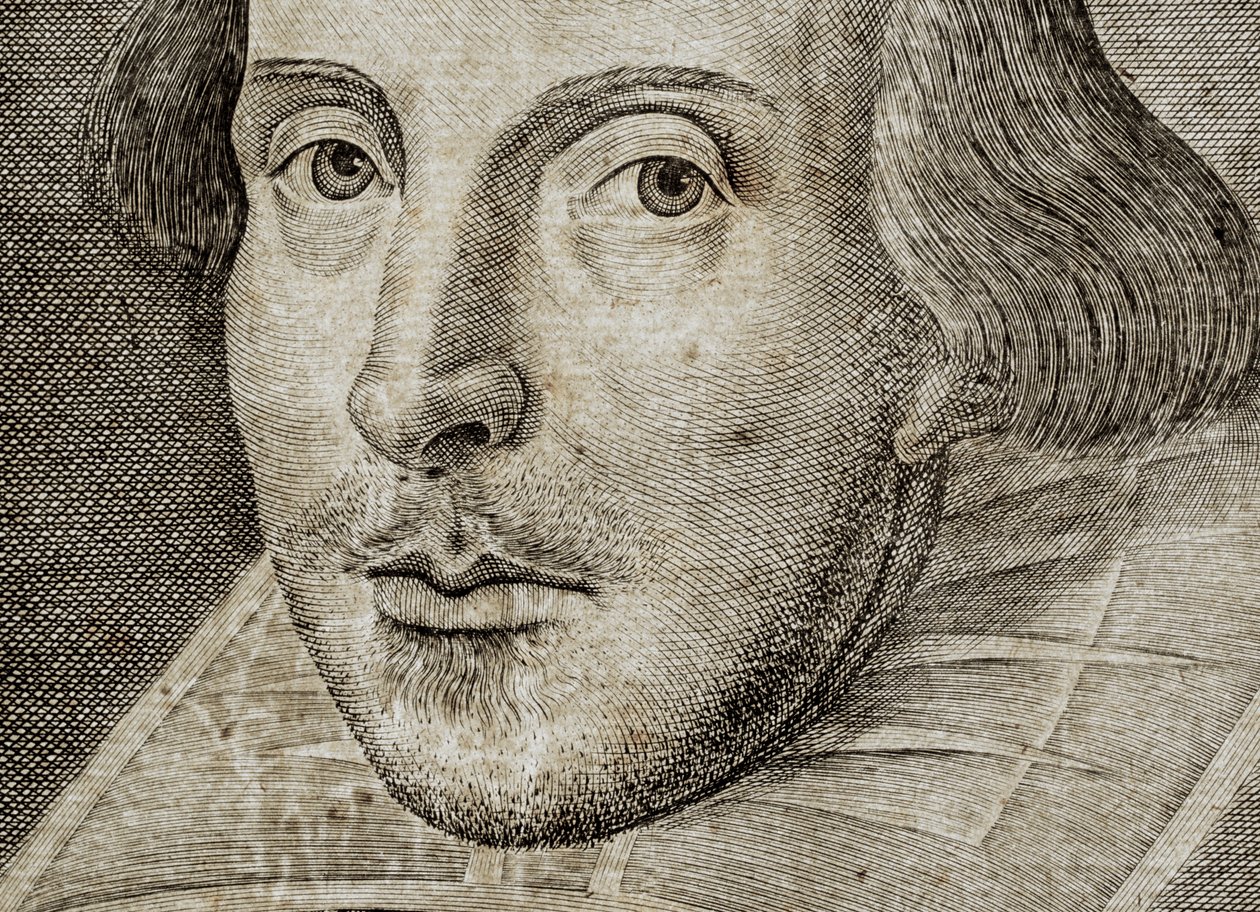 (détail) Portrait de William Shakespeare sur la page de titre des Comédies, histoires, &c. - Nathan Benn