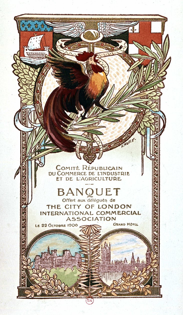 Coq et Monuments, menu de banquet du Comité Républicain du Commerce, de l