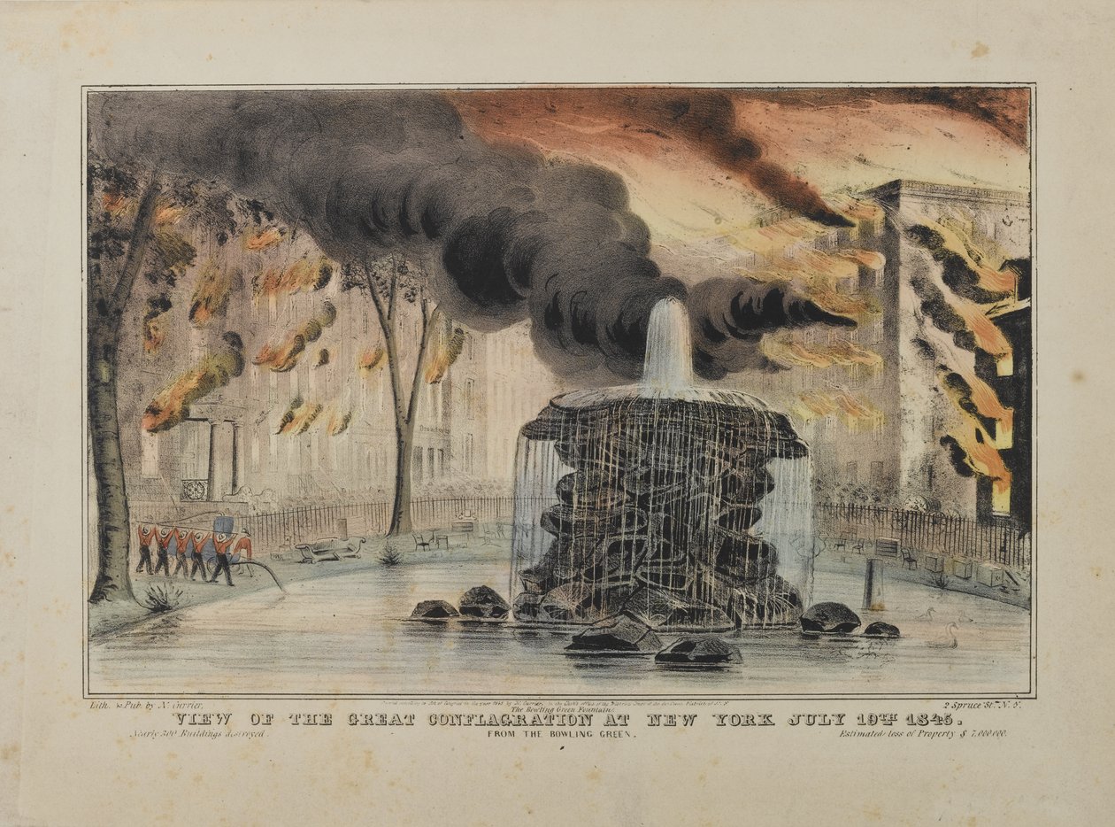 Vue du grand incendie à New York le 10 juillet 1845, depuis le Bowling Green, publié par N. Currier, 1845 - Nathaniel Currier