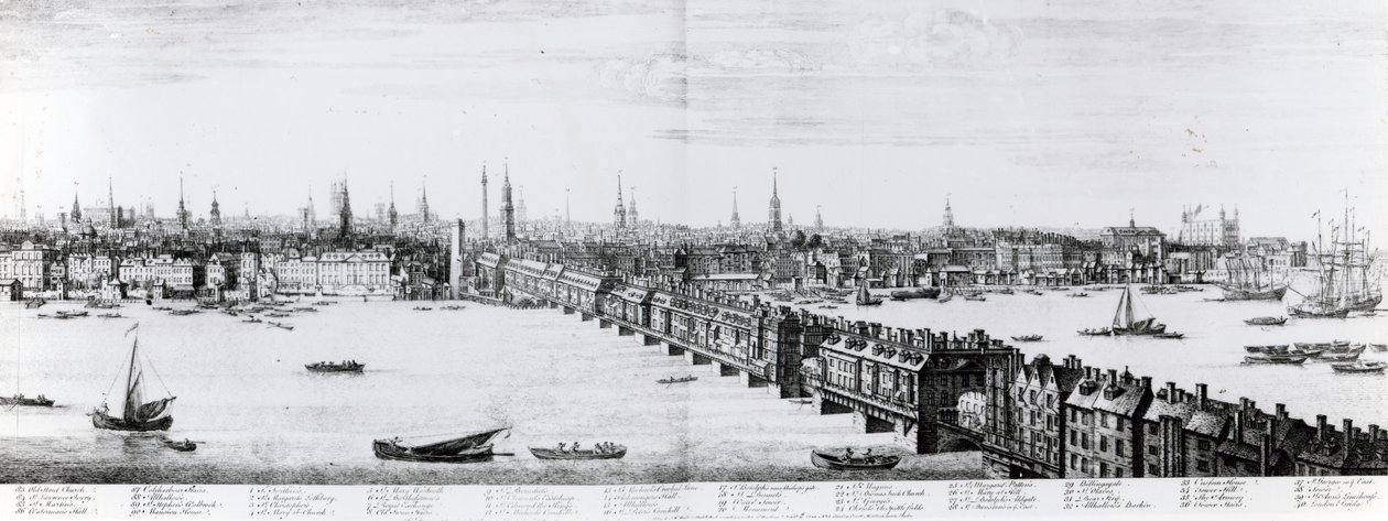Façade ouest du pont de Londres, 1749 - Nathaniel and Samuel Buck