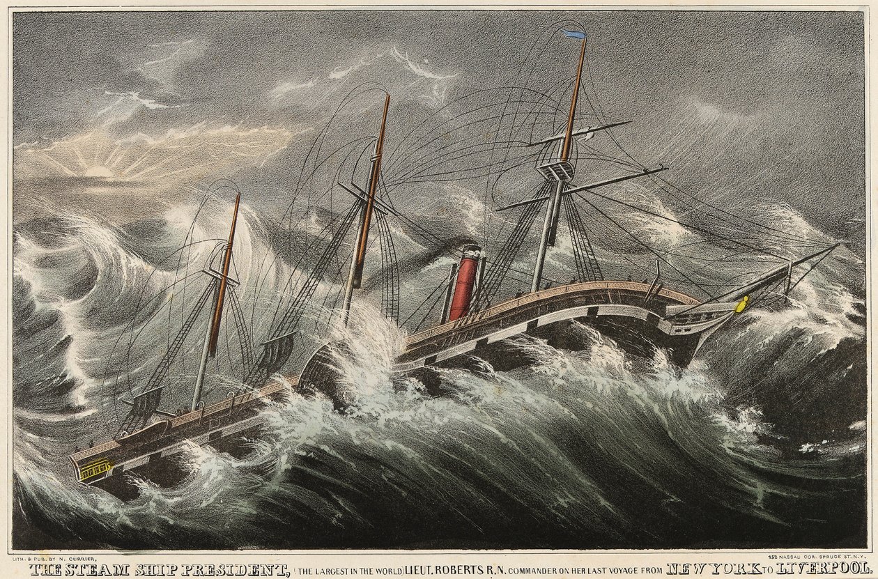 Le paquebot President, le plus grand du monde, commandé par le lieutenant Roberts lors de son dernier voyage de New York (USA) à Liverpool (Angleterre), dans la tempête du 12 mars - Nathaniel Currier