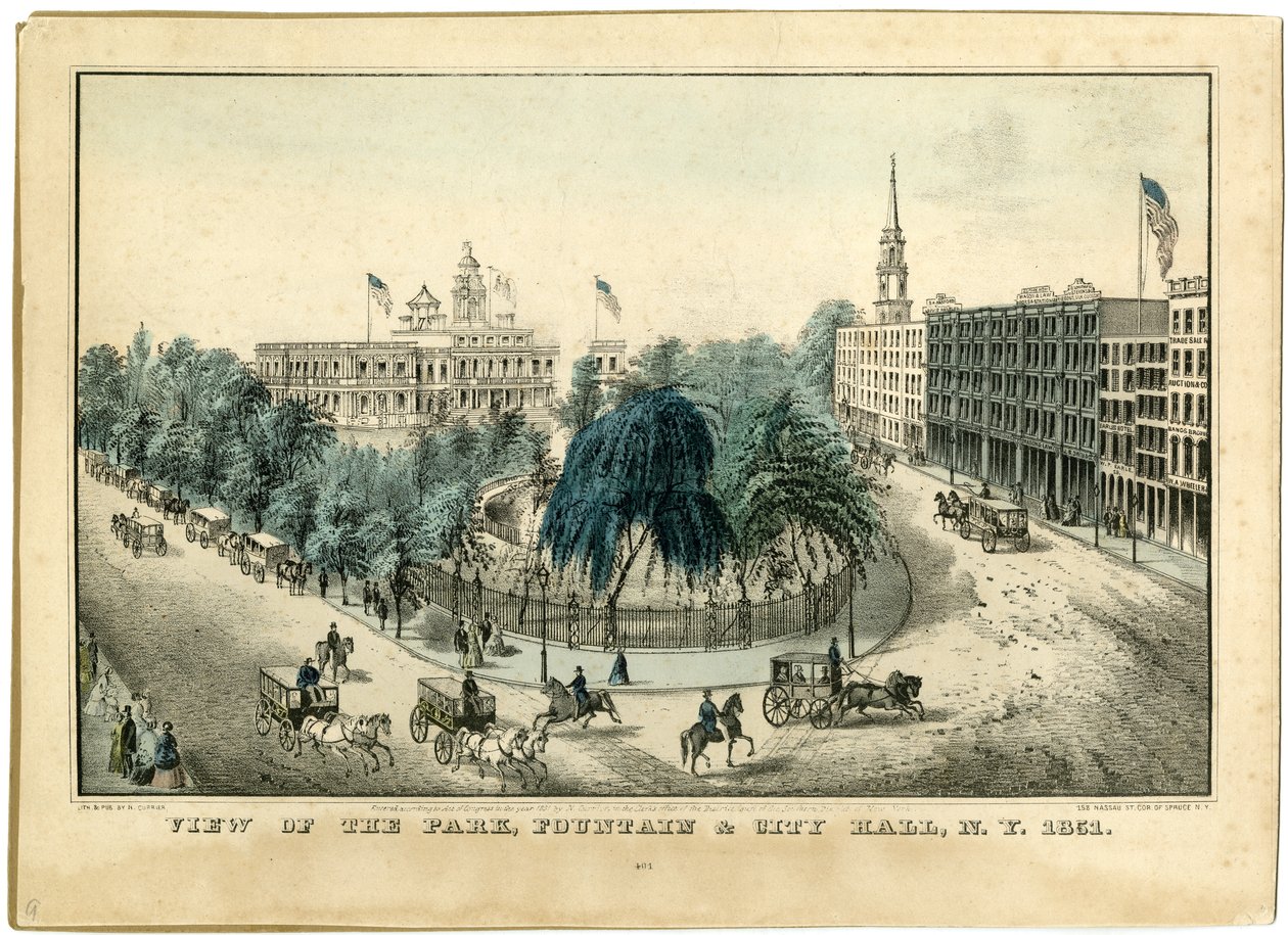 Vue du parc, fontaine et hôtel de ville, N.Y. 1851, 1851 - Nathaniel Currier