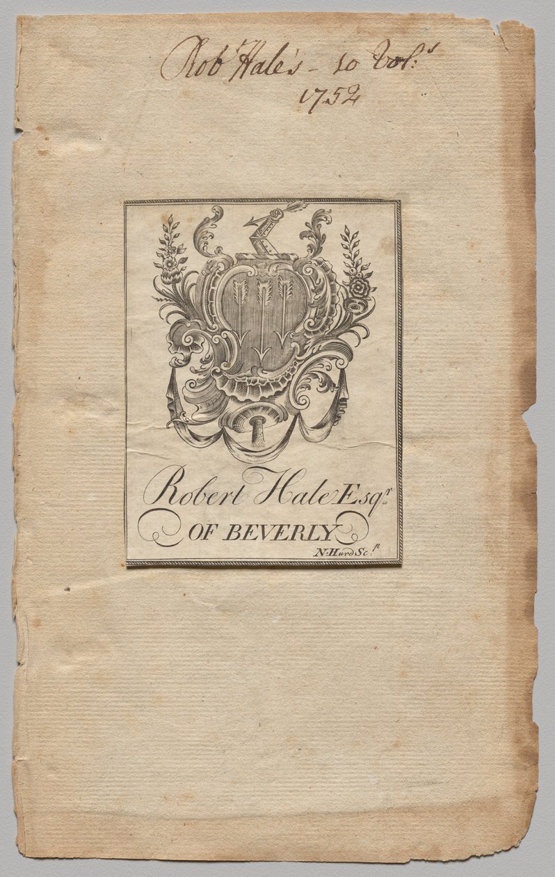 Ex-libris : Armoiries avec inscription de Robert Hale, Esq. - Nathaniel Hurd