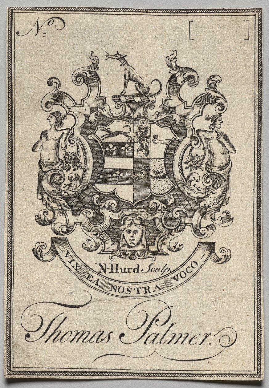 Ex-libris : Armoiries avec inscription de Thomas Palmer - Nathaniel Hurd