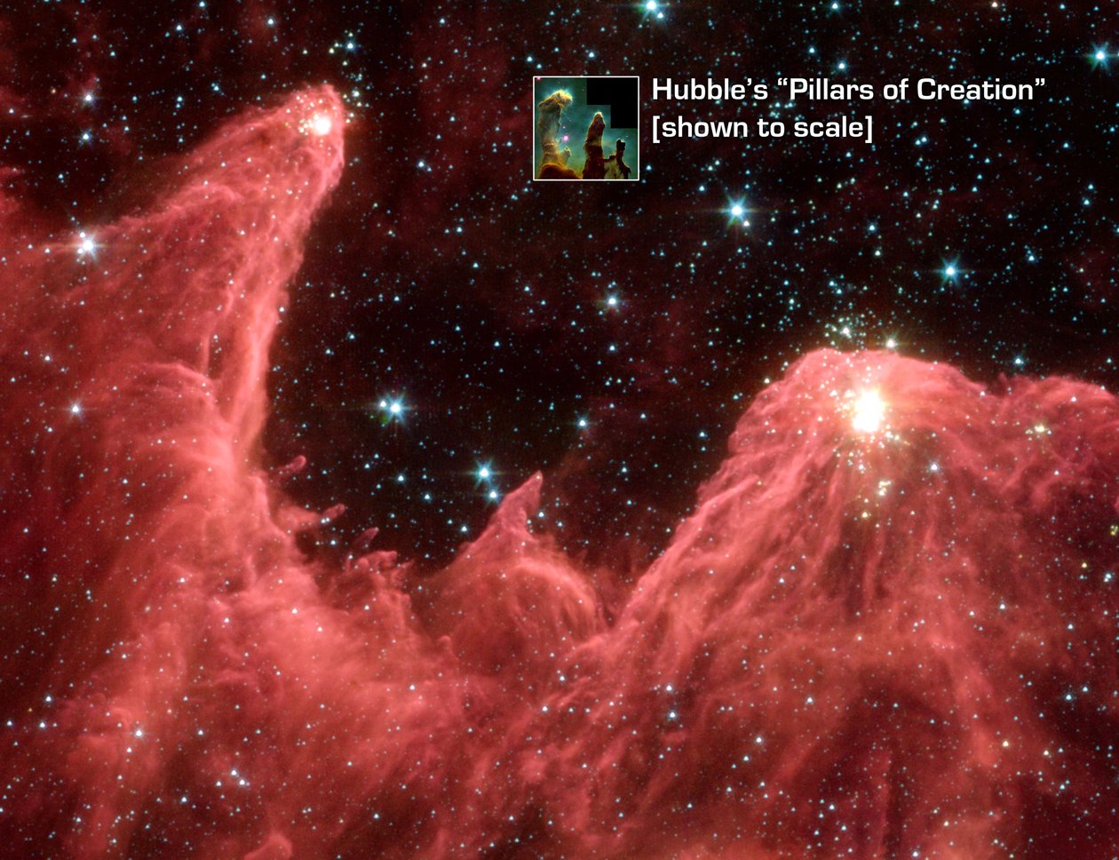 Image en fausses couleurs du télescope spatial Spitzer des montagnes où naissent les étoiles. Surnommées Montagnes de la Création, les piliers imposants de gaz et de poussière froide sont illuminés aux extrémités par la lumière des étoiles embryonnaires. C - National Aeronautics and Space Administration National Aeronautics and Space Administration