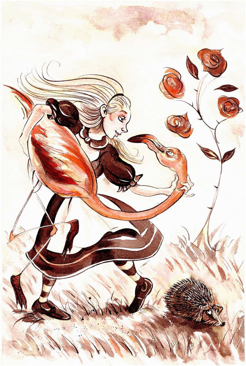 Alice avec un maillet flamant rose - illustration des Aventures d