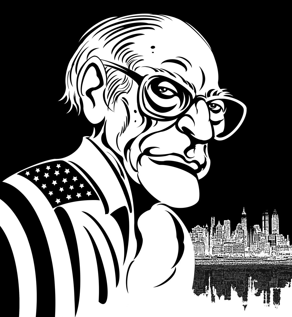 Arthur Miller, dramaturge américain (1915-2005); caricature en noir et blanc, drapé dans le drapeau américain - Neale Osborne