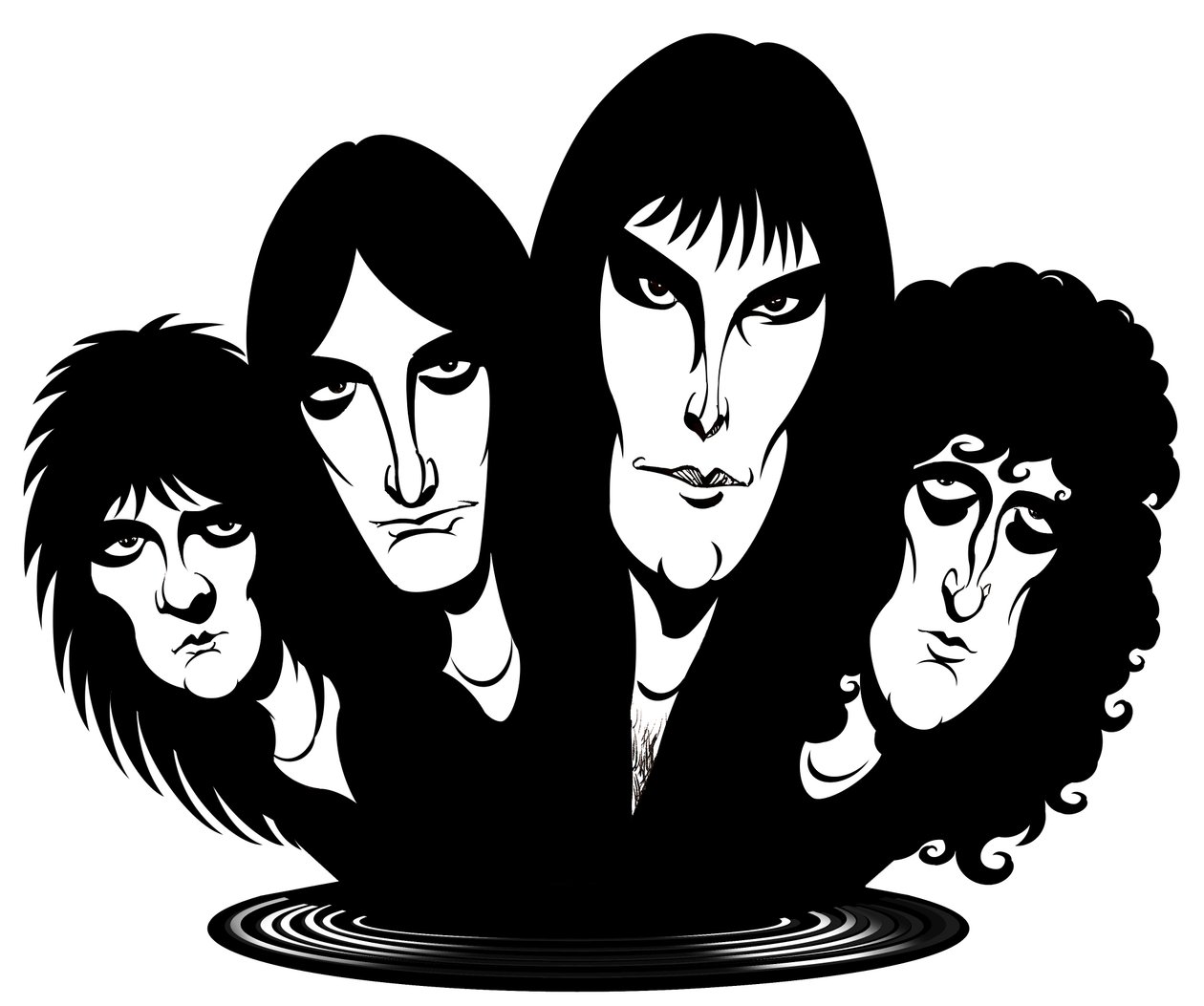 Groupe de rock britannique formé en 1971; caricaturé de gauche à droite : Roger Taylor (batteur, chanteur, 26 juillet 1949 - - Neale Osborne