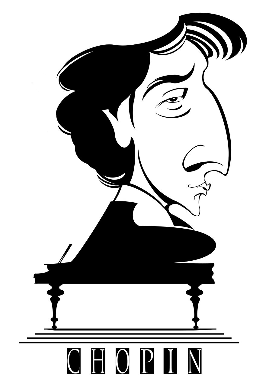 Frédéric Chopin, compositeur et pianiste franco-polonais (1810-49), caricature graphique en noir et blanc avec piano - Neale Osborne