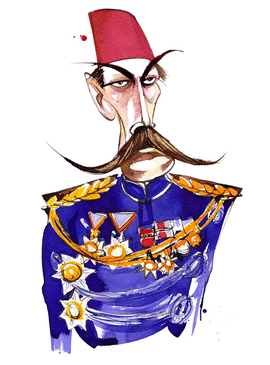 Field Marshall britannique né en Irlande, Premier Comte Kitchener, caricature en couleur en uniforme et fez - Neale Osborne