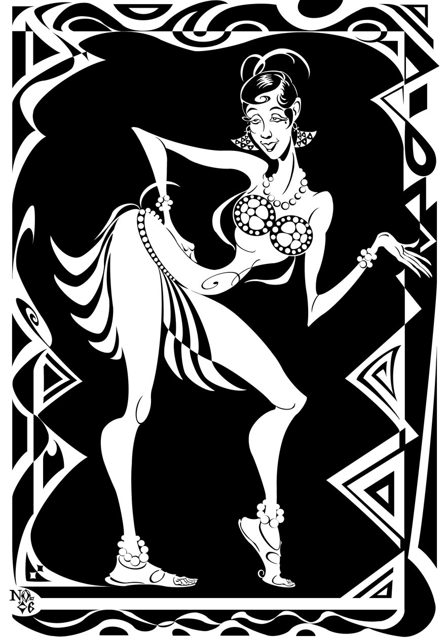 Josephine Baker, danseuse et chanteuse américaine (1906-75), caricature en noir et blanc avec bordure en zigzag, 2006 par Neale Osborne - Neale Osborne