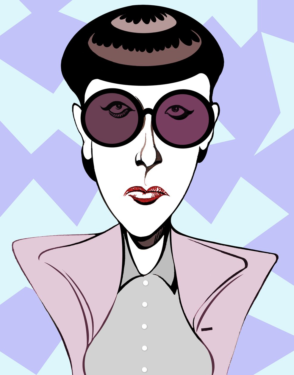 Edith Head, créatrice de costumes américaine (1907 - 1981) caricature en couleur avec lunettes noires - Neale Osborne
