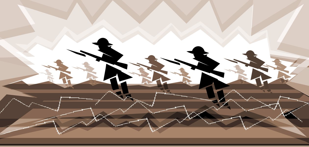 Soldats de la Première Guerre mondiale avec baïonnettes - sortant des tranchées - Neale Osborne