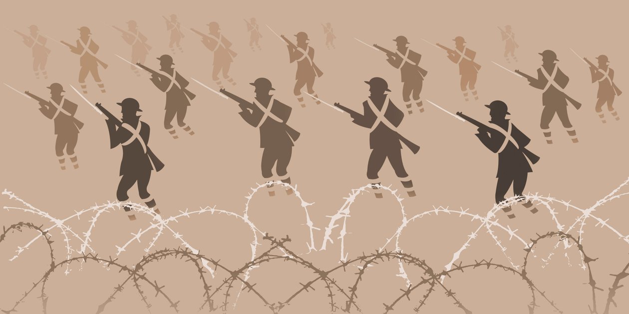 Soldats de la Première Guerre mondiale avec baïonnettes - sortant des tranchées - Neale Osborne