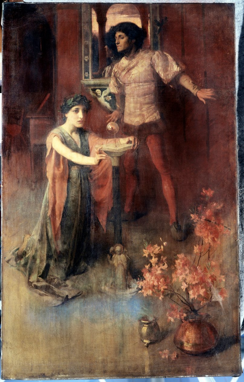 "La boule de cristal" Une femme est agenouillee devant une boule de cristal, un homme attend derriere elle avec un melange de peur et de curiosite. Peinture de Nelly Erichsen (active vers 1882-1893) Collection privee - Nelly Erichsen