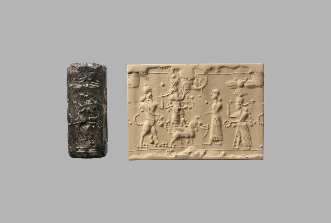 Sceau-cylindre avec homme-scorpion et impression moderne, c.8e-7e siècle av. J.-C. (quartz, crypto-cristallin) - Neo Assyrian