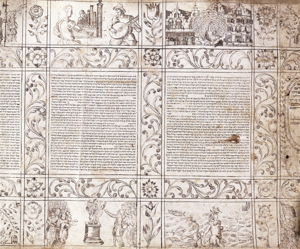 Manuscrit enluminé en écriture séfarade, montrant des scènes de la vie hollandaise et de la Bible avec des cartouches floraux, XVIIe siècle - Netherlandish School