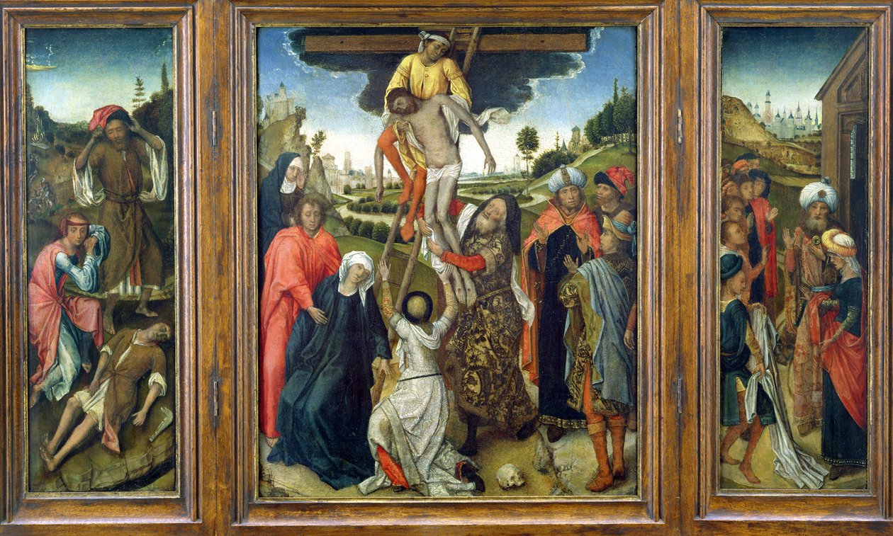 La Déposition, flanquée par (G) Adam et Ève pleurant Abel et (D) Le Manteau de Joseph montré à Jacob, triptyque, c.1470 - Netherlandish School