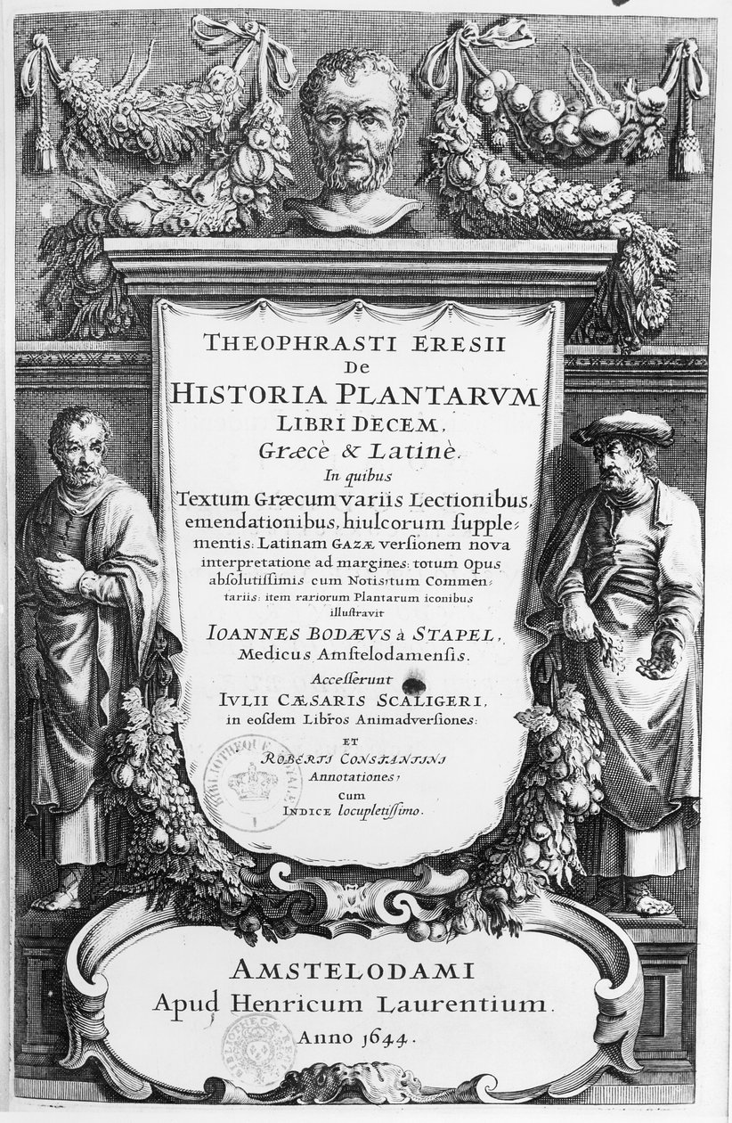 Page de titre de Historia Plantarum Libri Decem par Théophraste (c.372-c.287 av. J.-C.) publié à Amsterdam en 1644 - Netherlandish School
