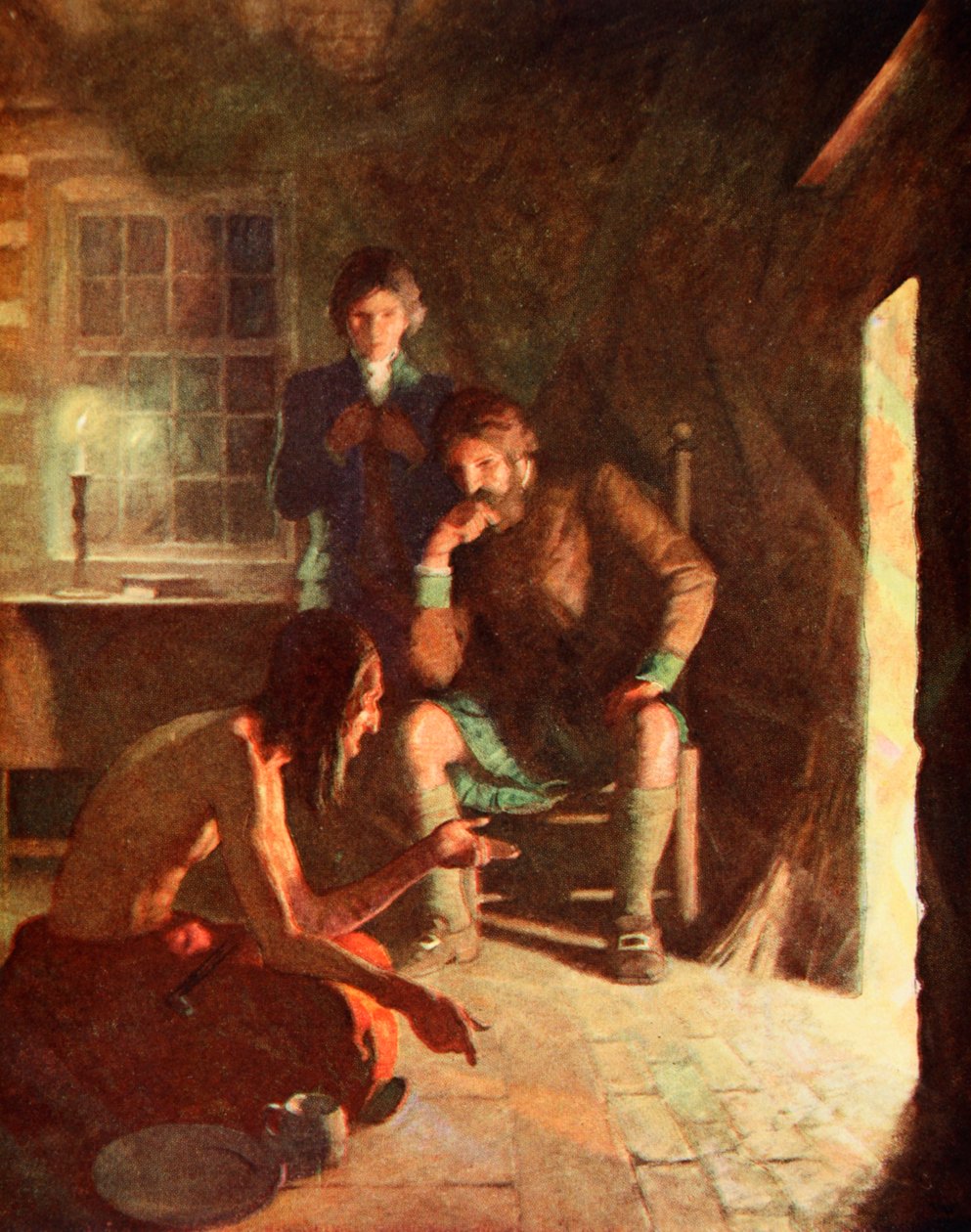 La Longue Pensée indienne dans une maison de colons (lithographie en couleur) - Newell Convers (after) Wyeth
