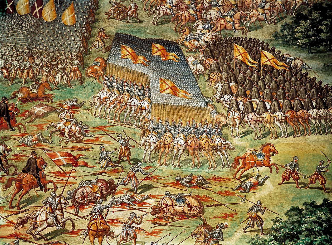 La bataille de Saint-Quentin, victoire des Espagnols sur les Français en 1557, détail avec attaque de cavalerie - Niccolo (and workshop) Granello