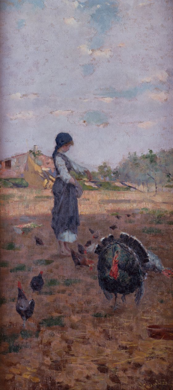 Une jeune fille nourrissant des dindes - Niccolo Cannicci