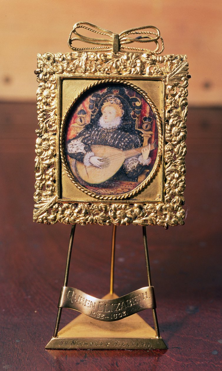 Reine Elizabeth I jouant du luth (miniature avec support en laiton) - Nicholas Hilliard