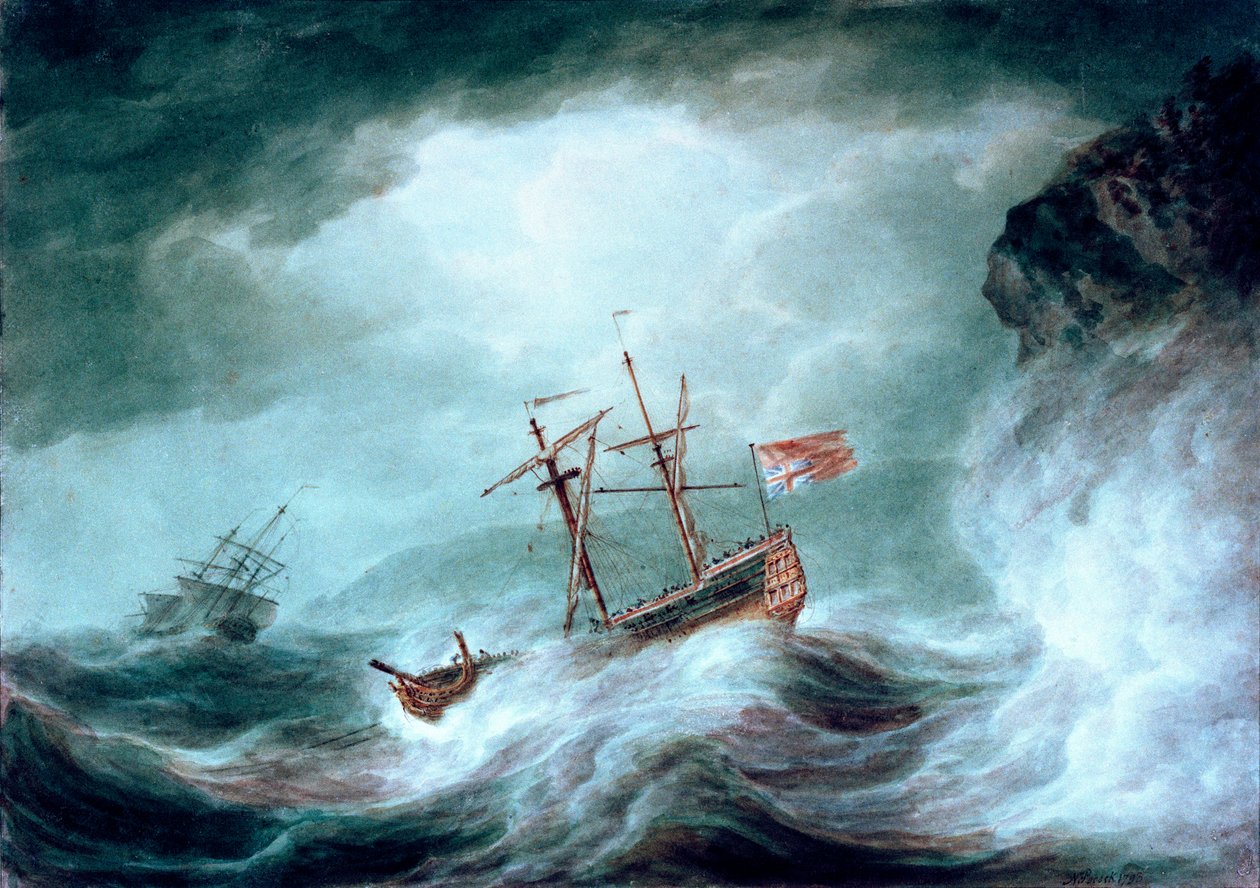 Une tempête, avec un navire ancré en détresse au large d