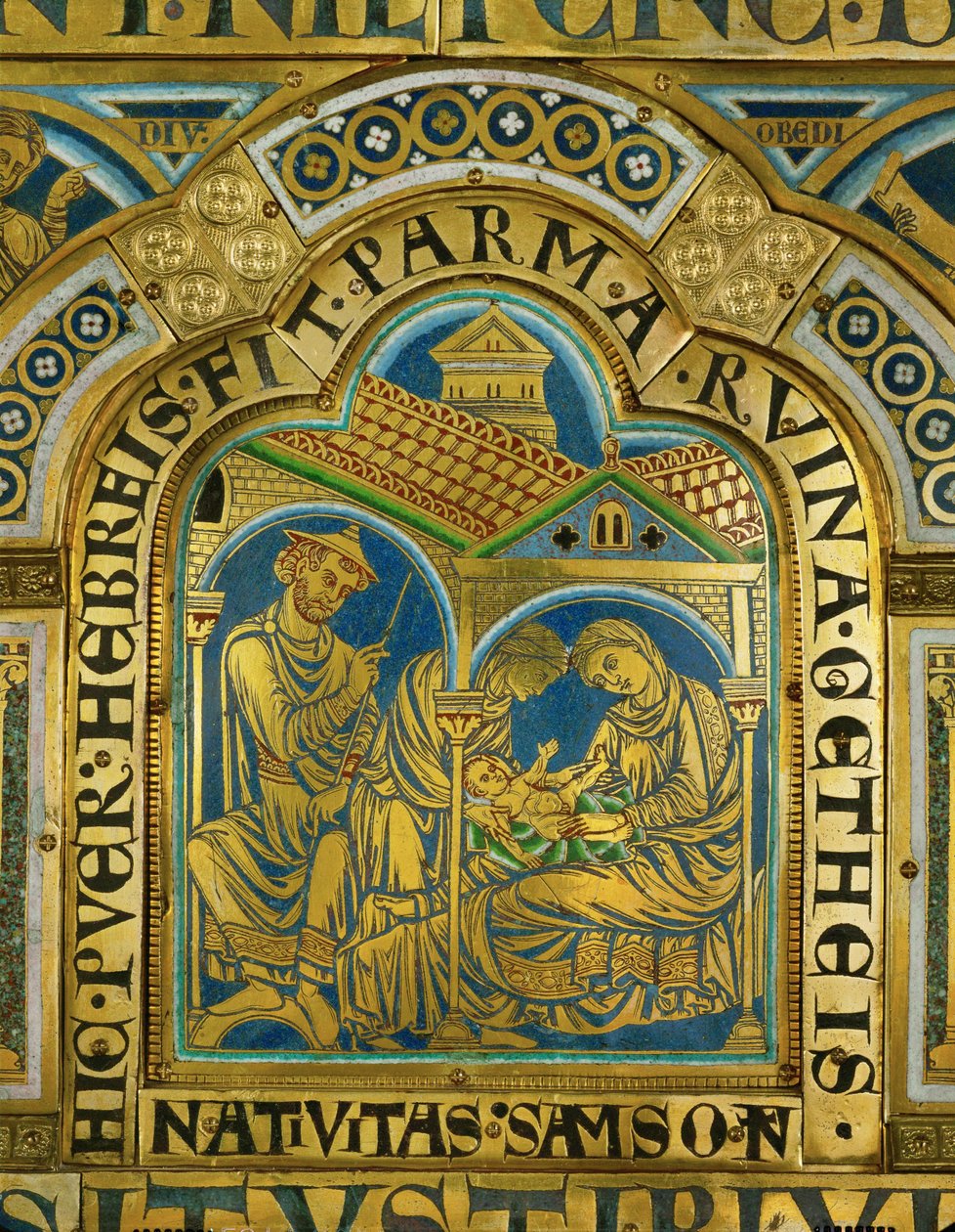 La naissance de Samson, Manoah avec un chapeau de juif médiéval ... (émail sur cuivre doré) - Nicholas of Verdun