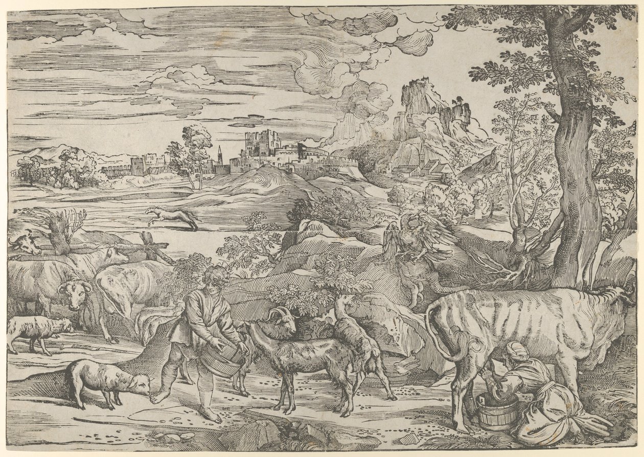 Paysage avec une laitière à droite et un garçon à gauche, vers 1535-40 - Nicolò Boldrini