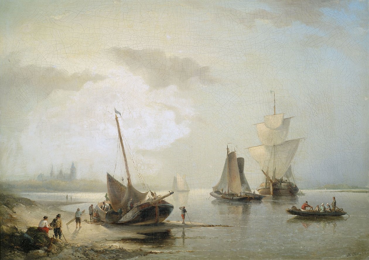 Voiliers sur la côte hollandaise au lever du soleil - Nicolaas Riegen