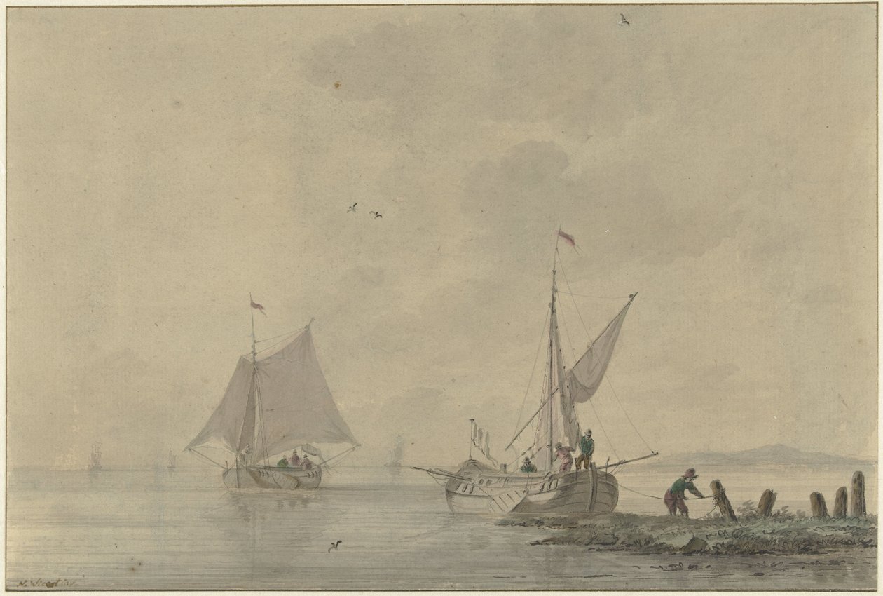 Eau calme avec bateau amarré - Nicolaas Wicart