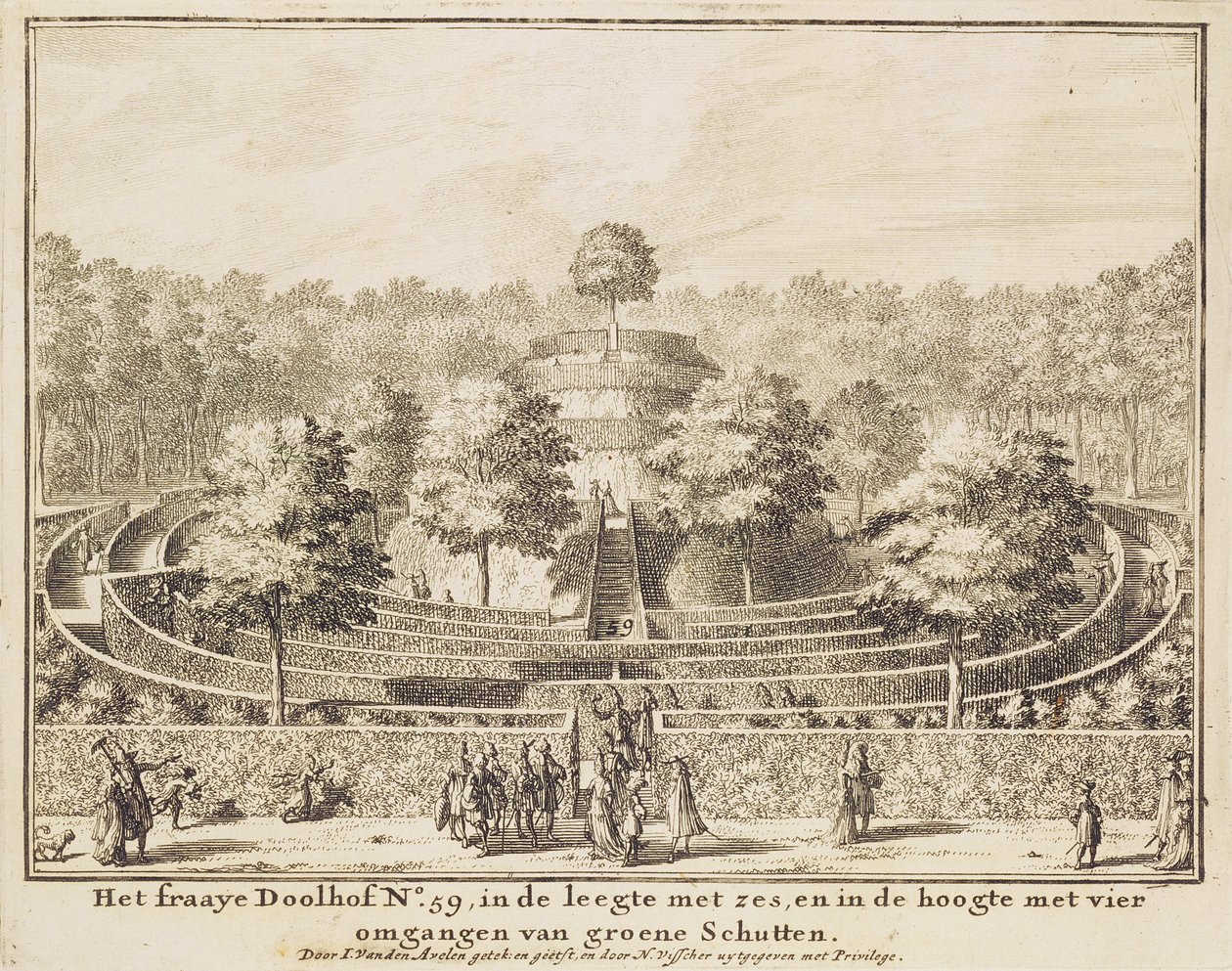 Labyrinthe de topiaires avec quatre sorties et un monticule central, gravé par Johannes Van den Aveele - Nicolaes Jansz Visscher