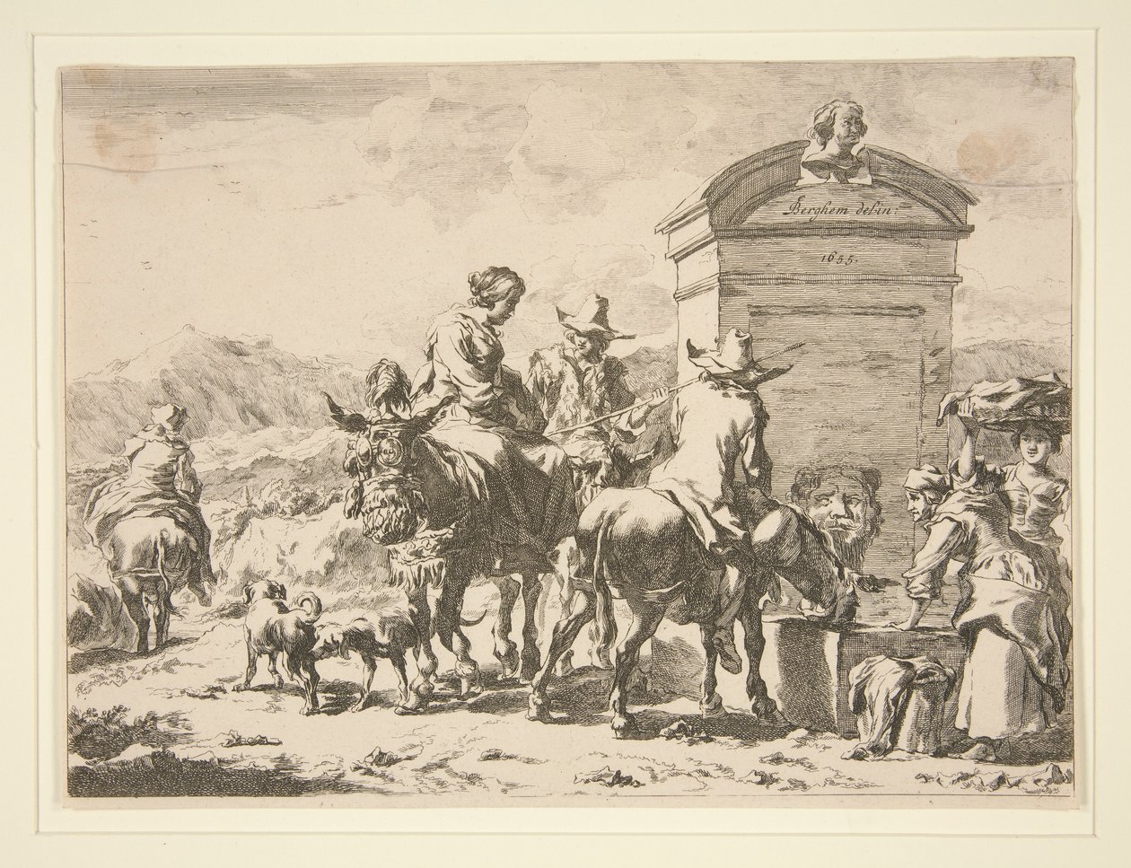 Sans titre - Scène de genre avec des gens sur des ânes et une pierre tombale - Nicolaes Berchem
