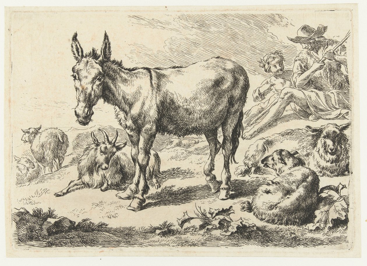 Paysage avec âne, moutons, chèvre et bergers - Nicolaes Pietersz Berchem