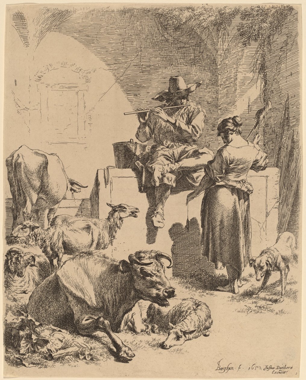 Le berger assis sur une fontaine et la fileuse - Nicolaes Pietersz Berchem