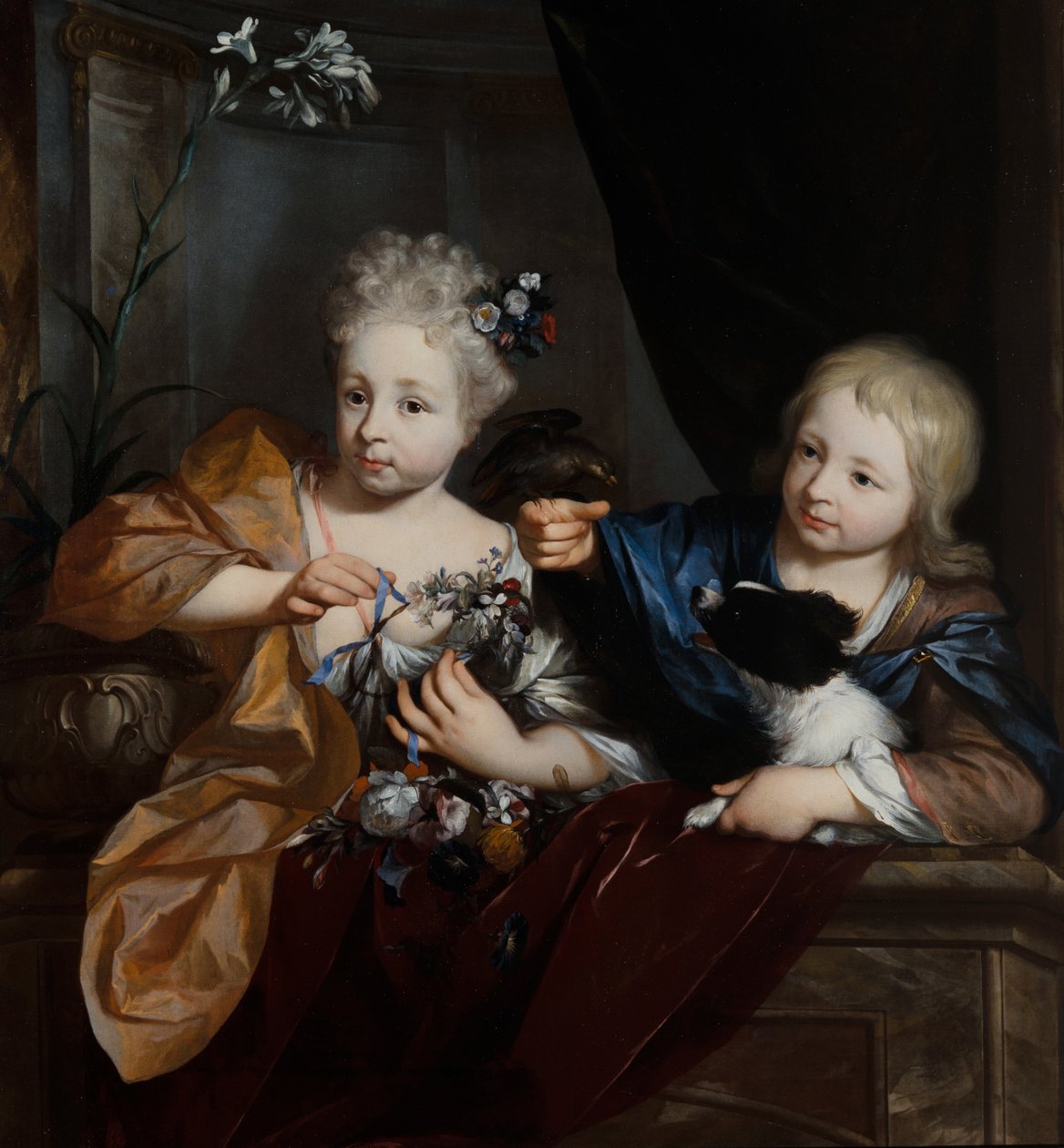 Un jeune garçon et une fille dans un cadre architectural - Nicolaes Verkolje