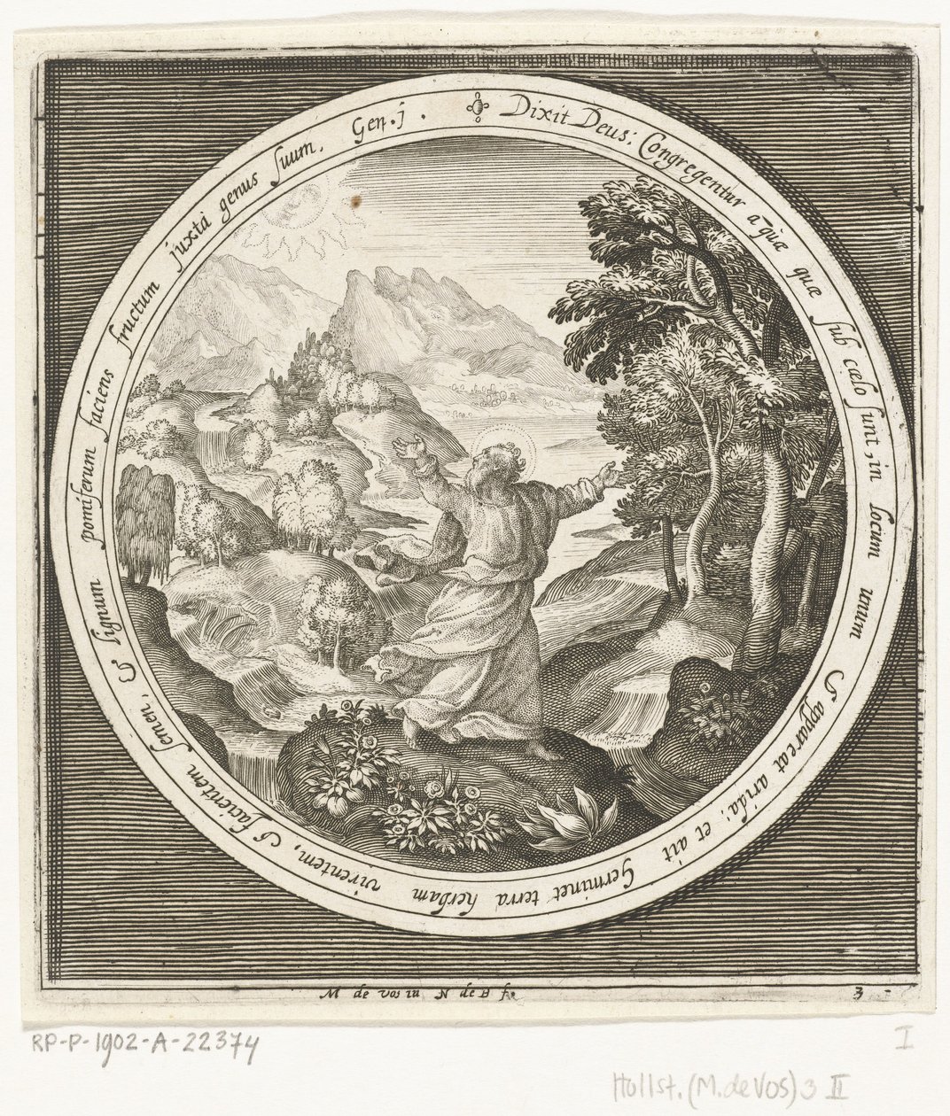 Troisième jour de la création : Dieu crée la terre et les plantes à graines et les arbres portant des fruits avec des graines - Nicolaes de Bruyn