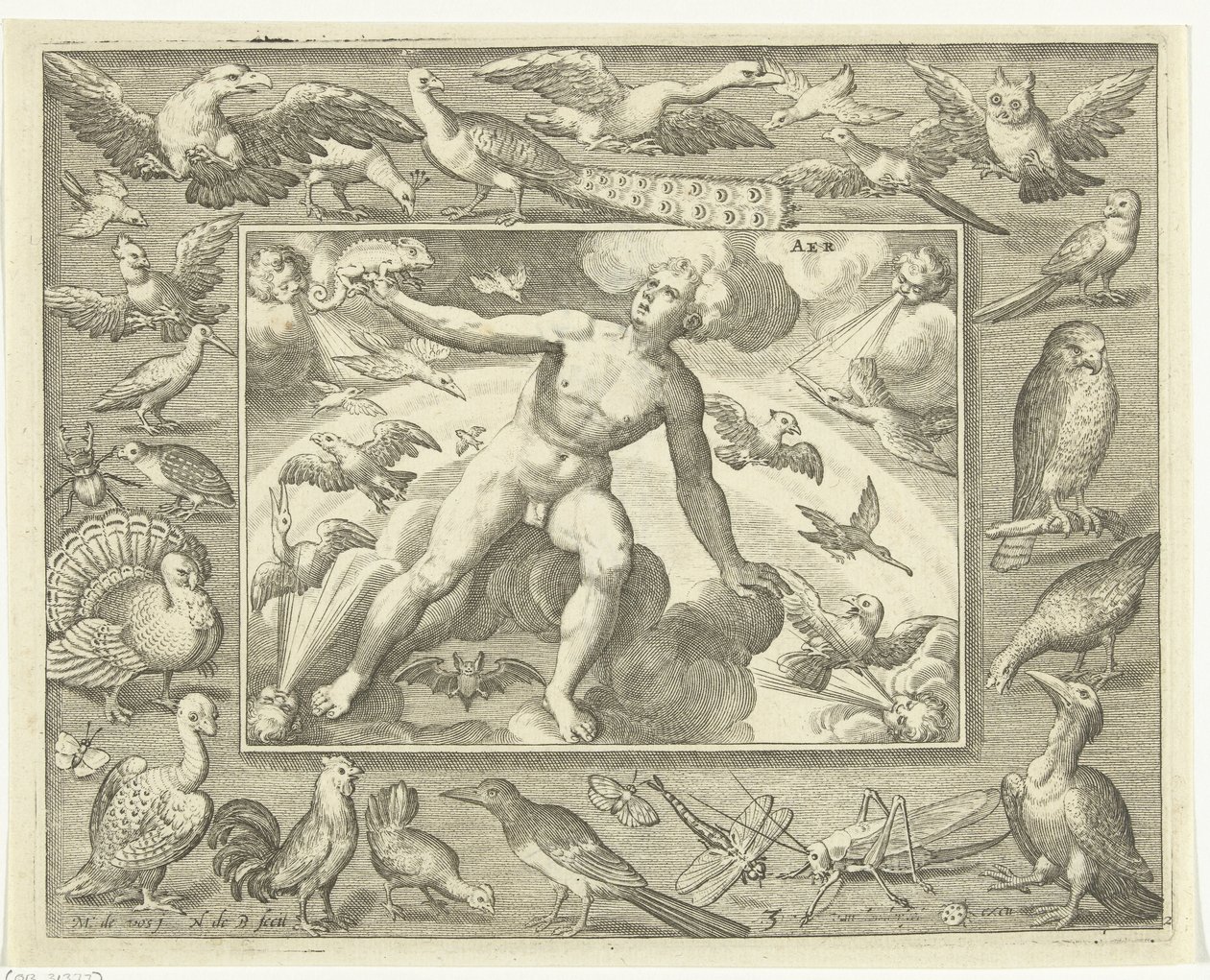 Élément air comme jeune homme sur des nuages entre des oiseaux volants - Nicolaes de Bruyn