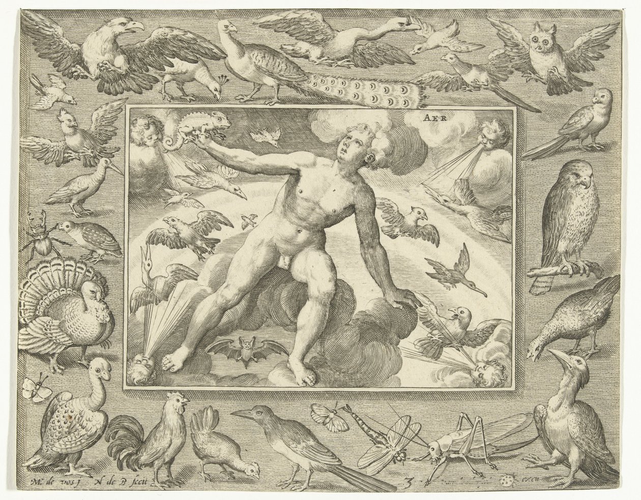 Élément air comme jeune homme sur des nuages entre des oiseaux volants - Nicolaes de Bruyn
